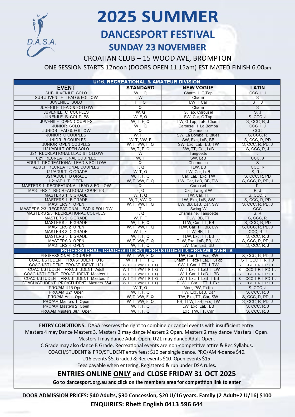 Syllabus for 2025 DASA Summer DanceSport Festival